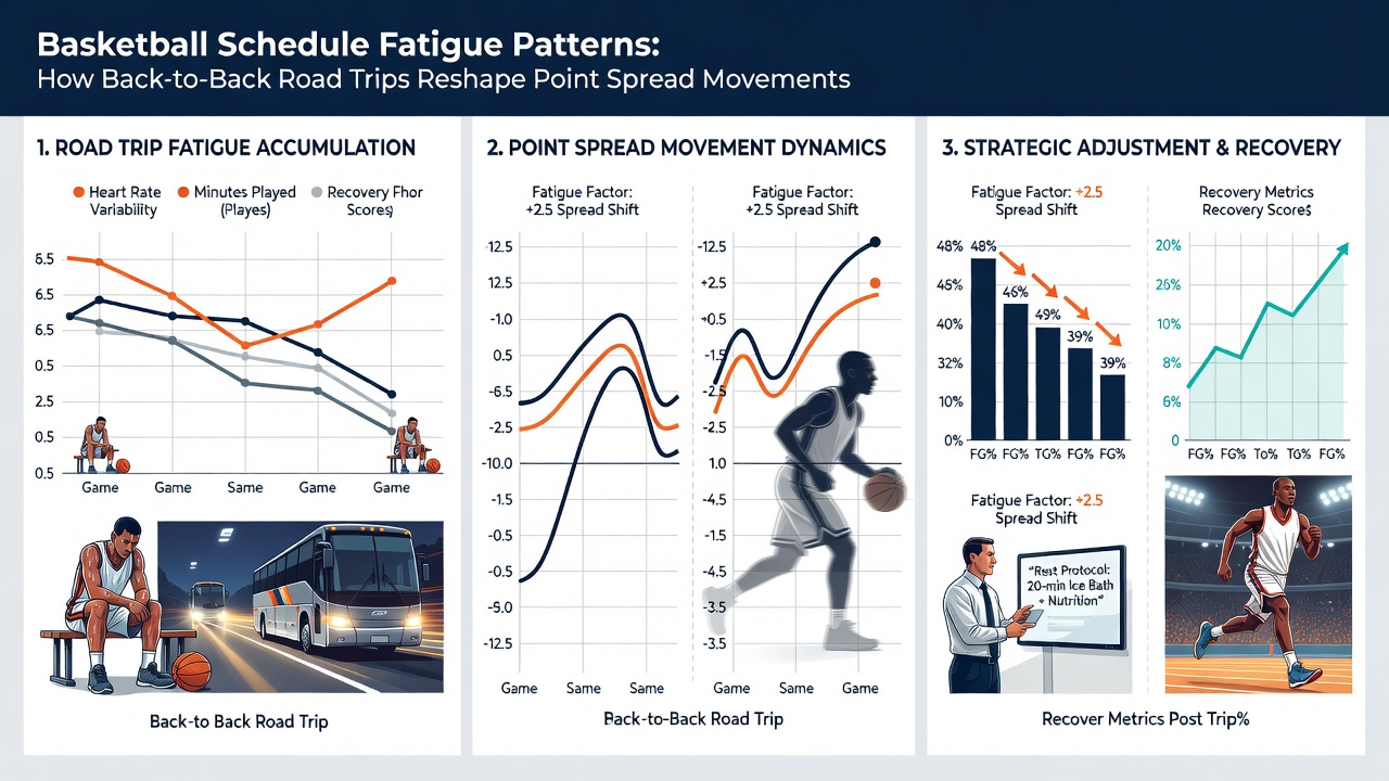 Conference basketball scoreboard highlighting spread movement after road trip fatigue