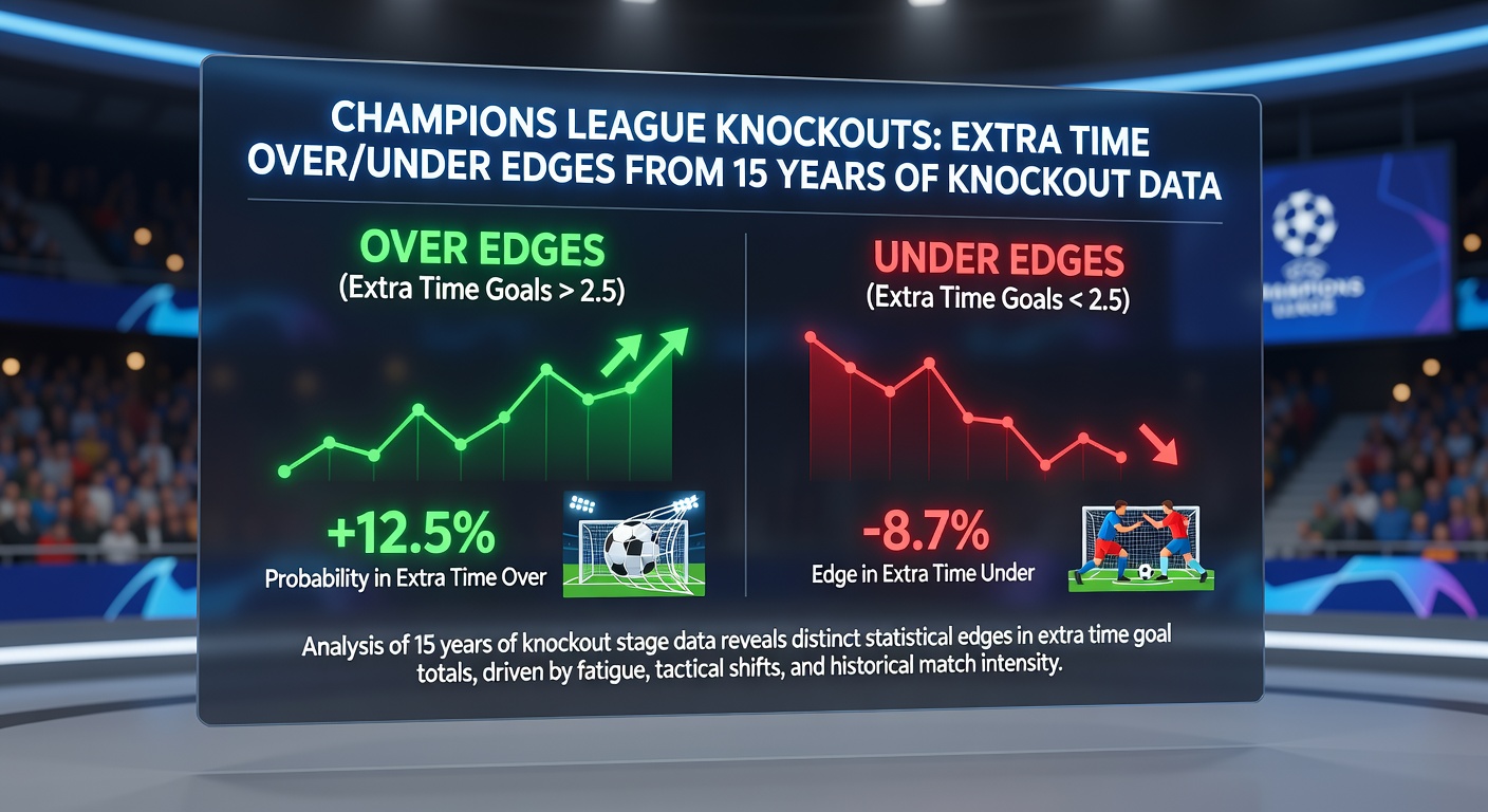 Bar chart comparing over/under percentages for extra time goals by knockout stage, from round of 16 to finals over 15 seasons
