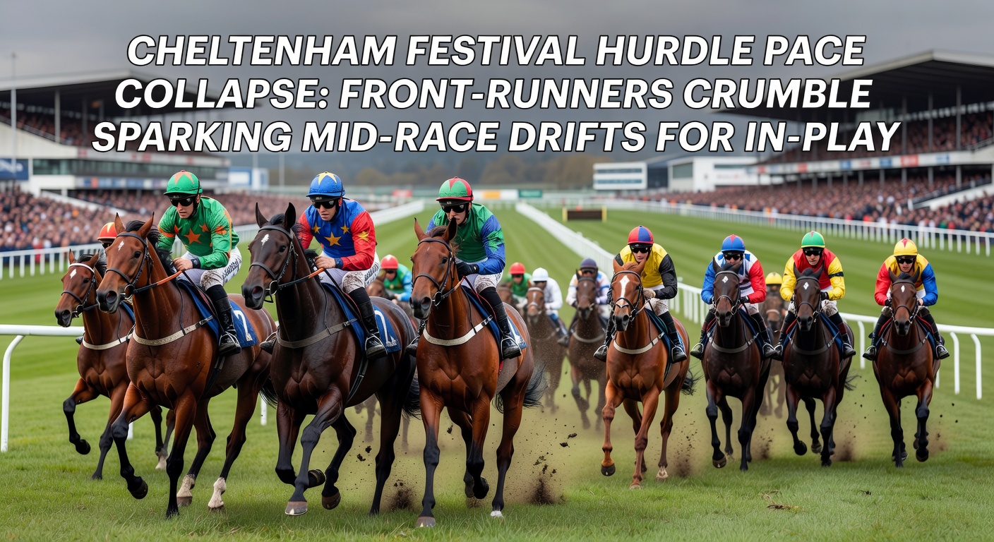 Close-up of a tiring front-runner in a Cheltenham Hurdle, foam-flecked and drifting wide as challengers surge past on the uphill finish