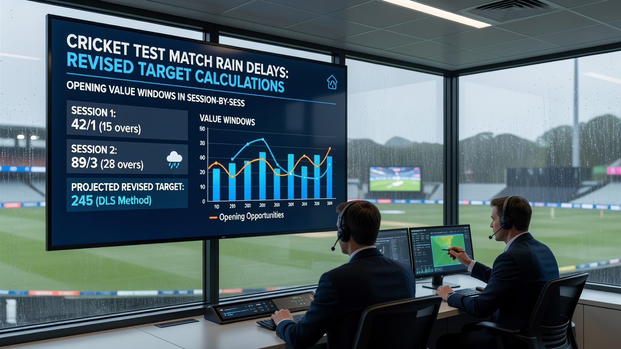 Scoreboard showing revised target after rain delay in a Test cricket match
