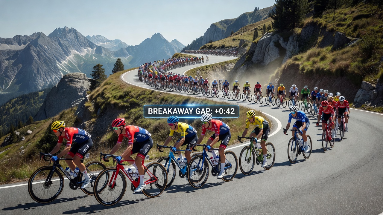 Breakaway group pulling away on a mountain stage with timing gaps displayed on roadside boards