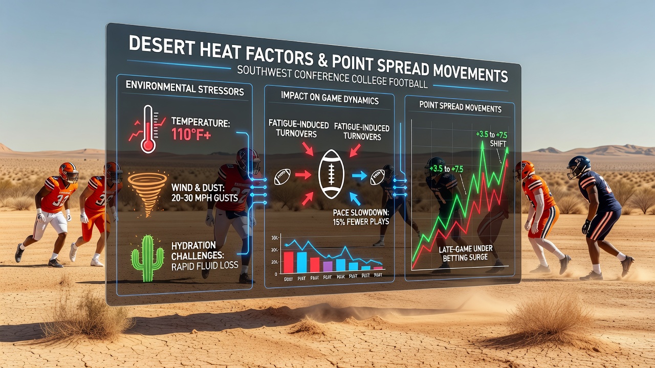 Coaching staff reviewing heat-related performance charts inside a Southwest Conference facility