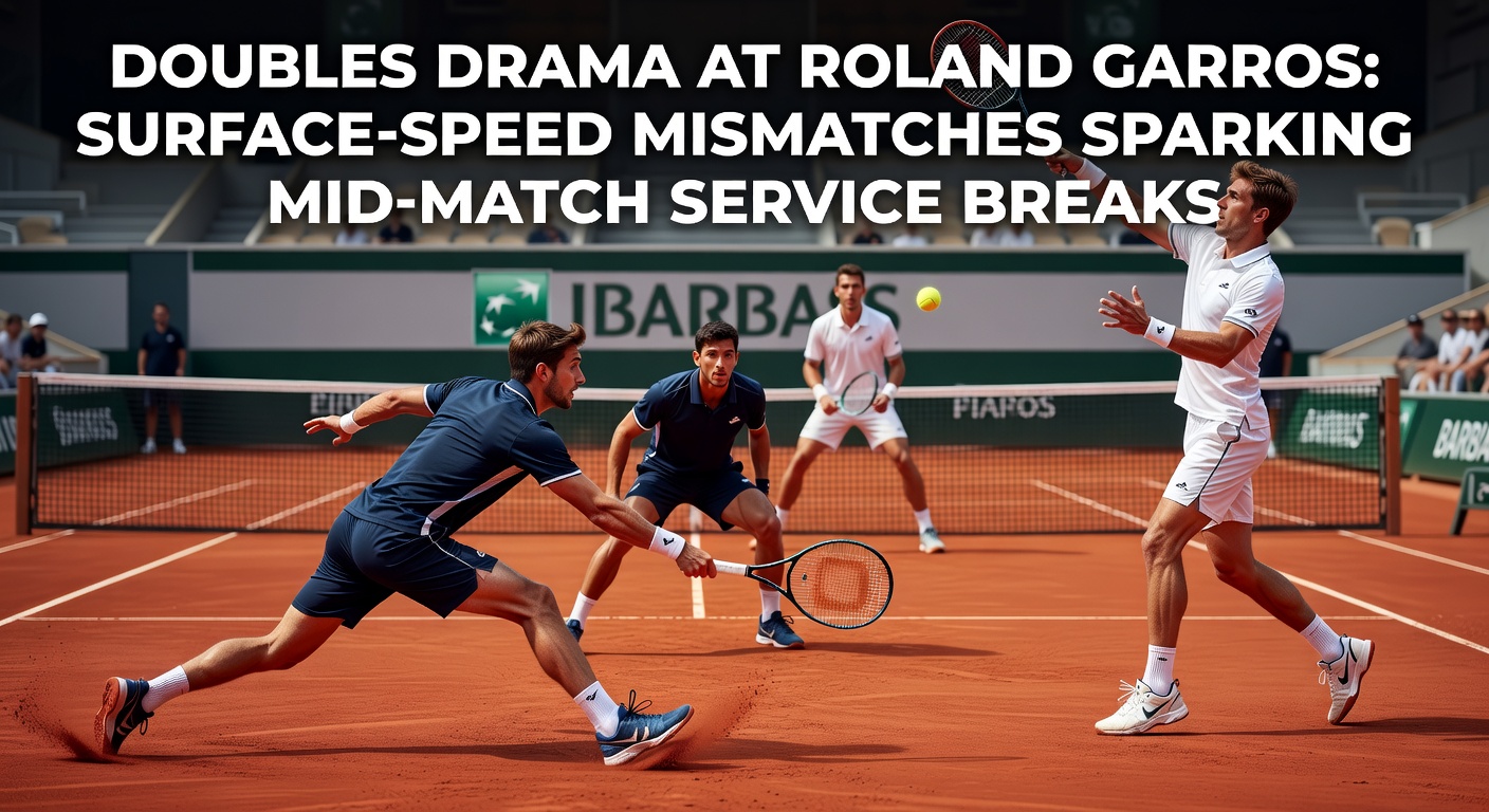 Close-up of a service break point in Roland Garros doubles, with the returner poaching at net while the server scrambles on clay