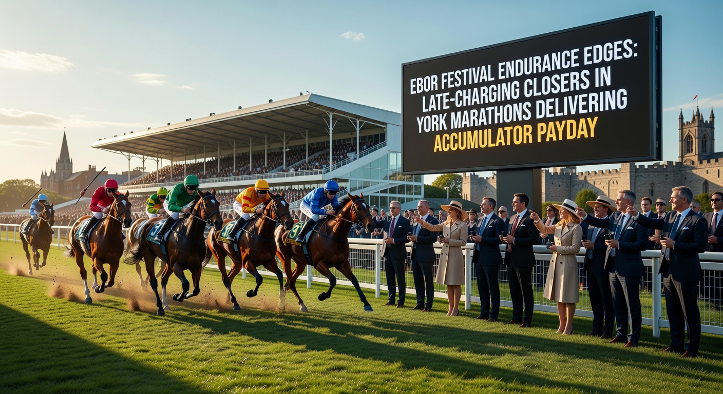 Dramatic finish in a York staying race, with a late-charging bay horse powering past tiring leaders in the final furlong amid cheering crowds