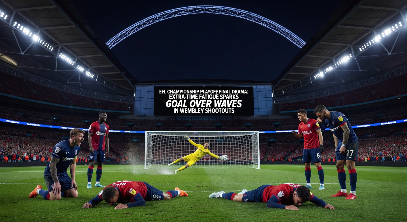 Close-up action from an EFL Playoff Final extra-time goal, showing a defender slipping on the Wembley pitch as an attacker slots home amid chaotic celebrations