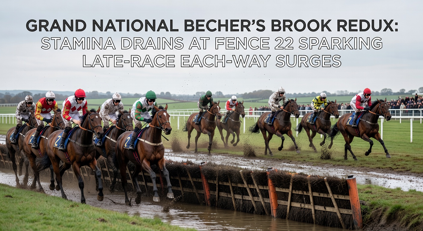 Dramatic late-race surge at Aintree's Grand National, with horses overtaking tiring leaders after fence 22 amid a packed field