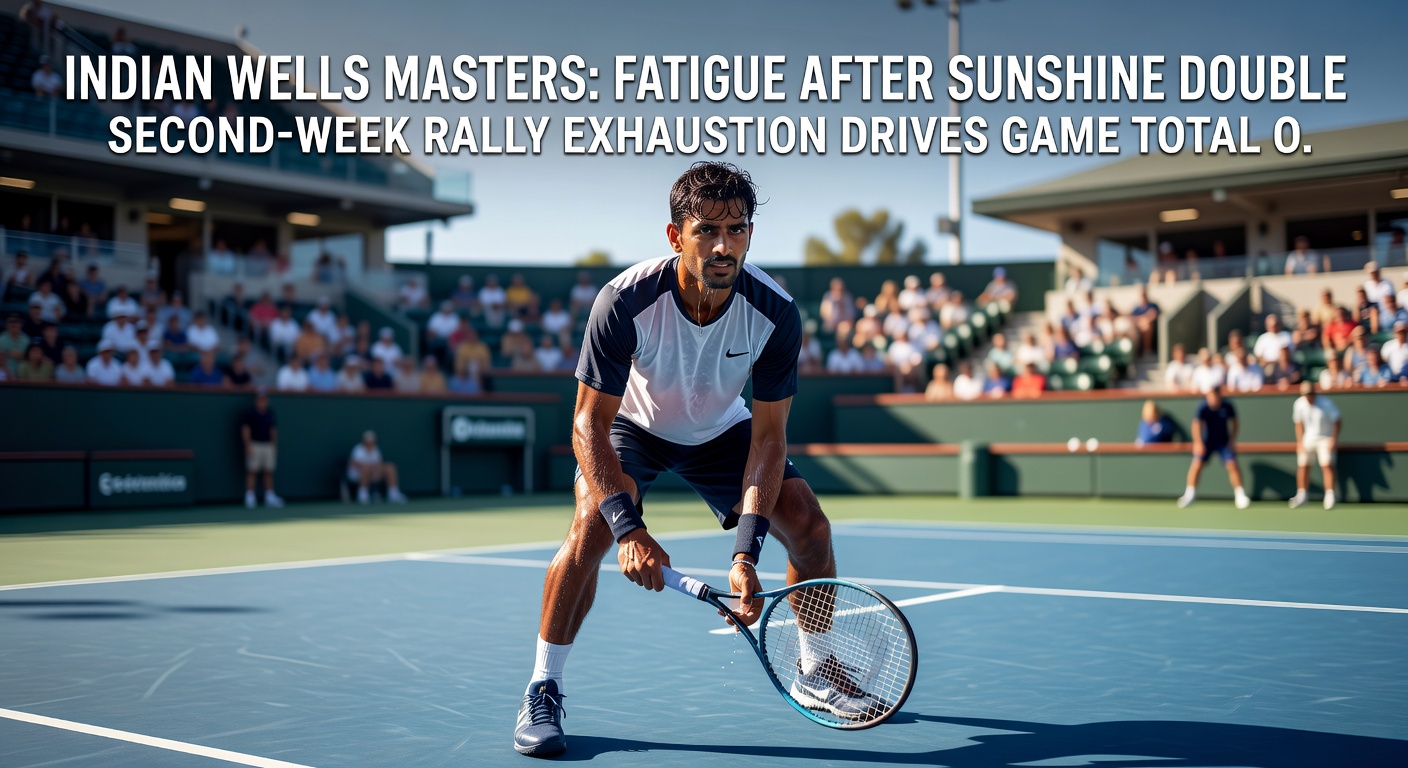Close-up of a tense rally in the Indian Wells second week, with fatigued players lunging for drop shots amid fading daylight