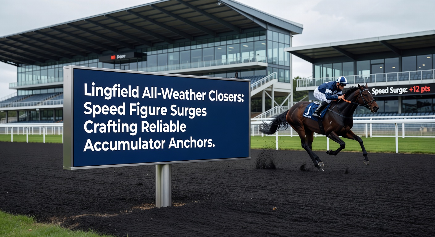 Close-up of a Lingfield closer powering through the final furlong, speed figure overlay showing a dramatic surge
