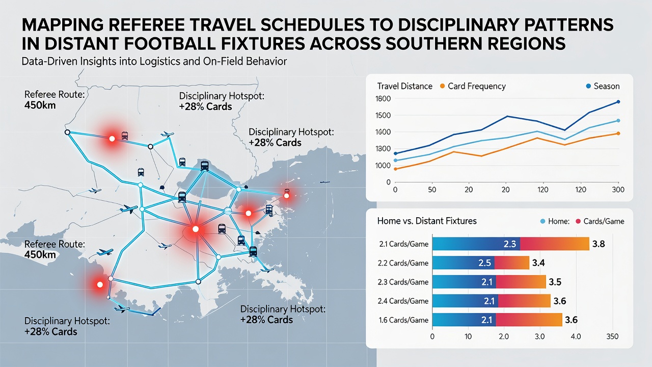 Data charts showing card issuance rates versus referee travel distances in southern league fixtures