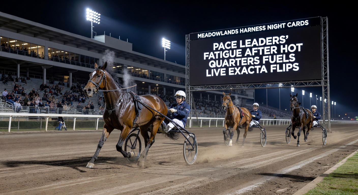 Cluster finish at Meadowlands night card with fatigued pace leader drifting wide while closers weave through for exacta upset
