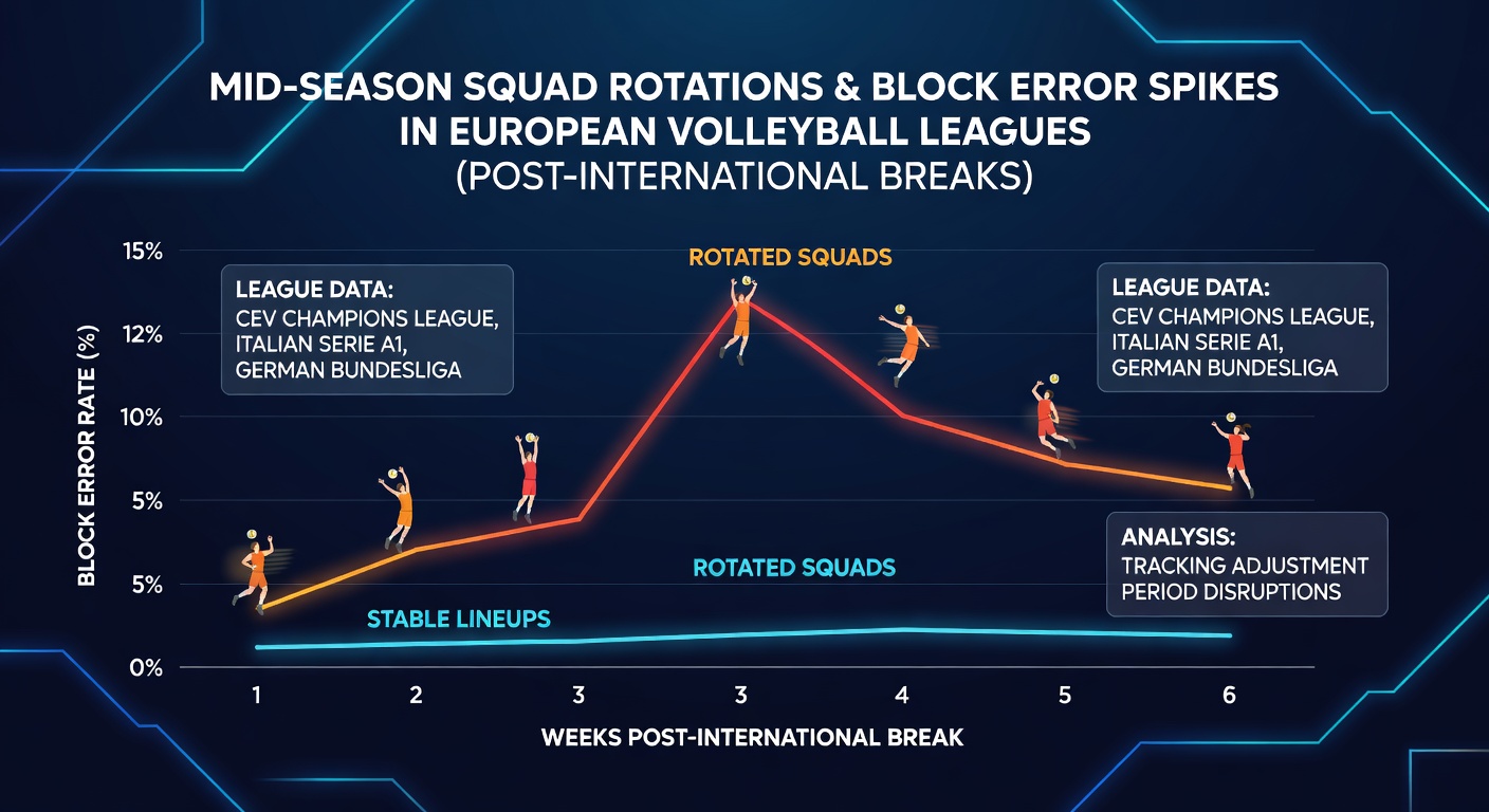Evening volleyball match showing players attempting blocks with visible rotation adjustments in a European league setting