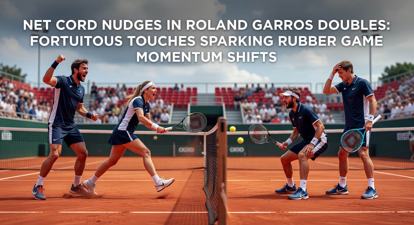 Close-up of a doubles player celebrating a net cord winner during a Roland Garros rubber game, with clay dust flying and partner fist-pumping