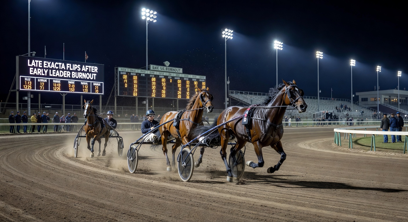 Late race surge by closers at a harness track during night racing