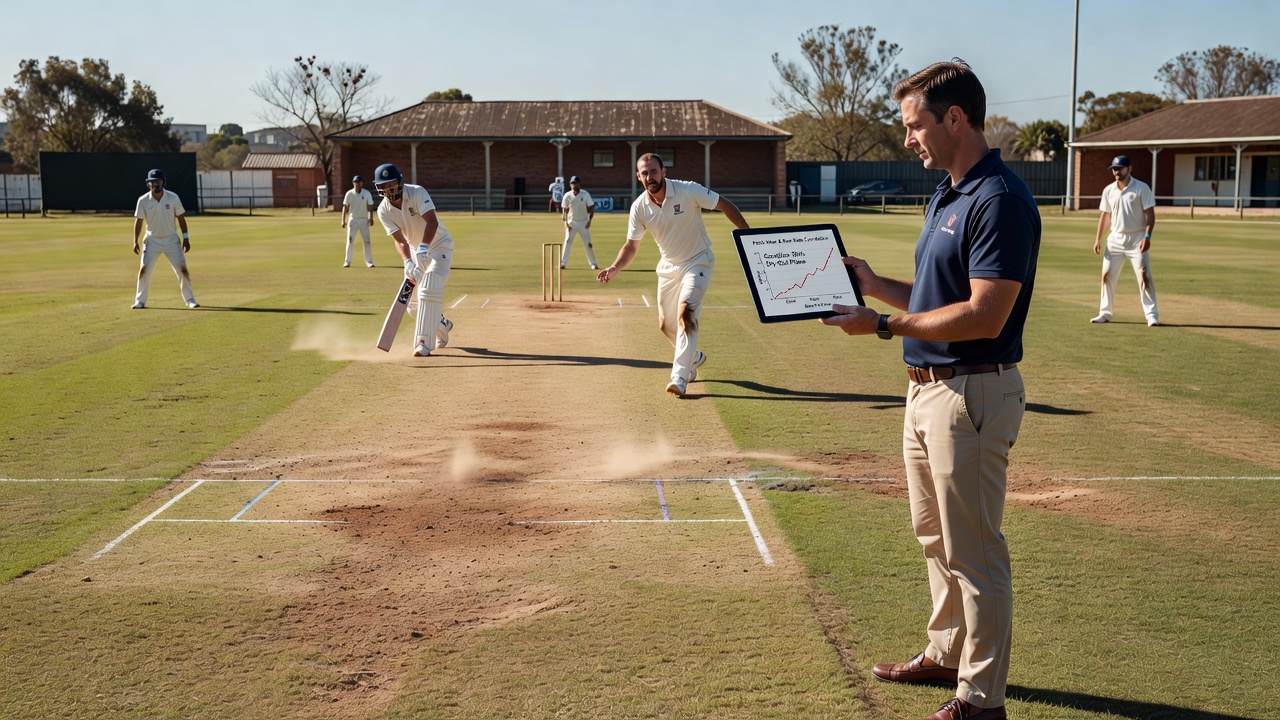 Cracked lower-league pitch surface during afternoon session illustrating spin-friendly conditions for run-total betting