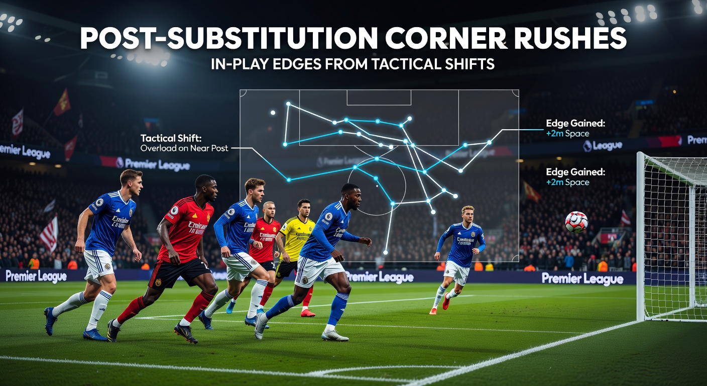 Close-up of a Premier League corner taken seconds after a substitution, with attackers crowding the box amid tactical reshuffling