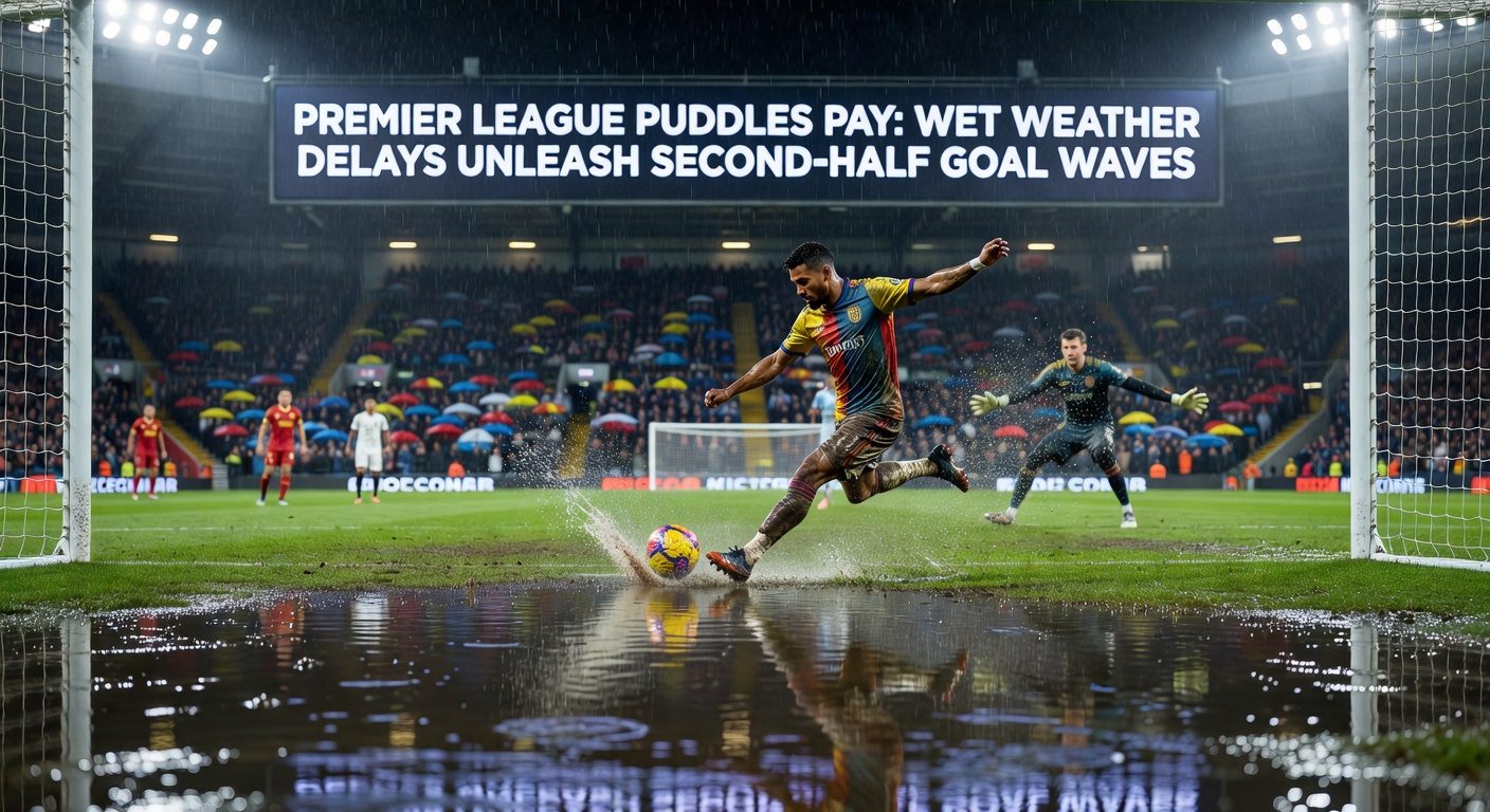 Close-up of a Premier League player navigating puddles during a rain delay, referee signaling pause as water pools near the goal line