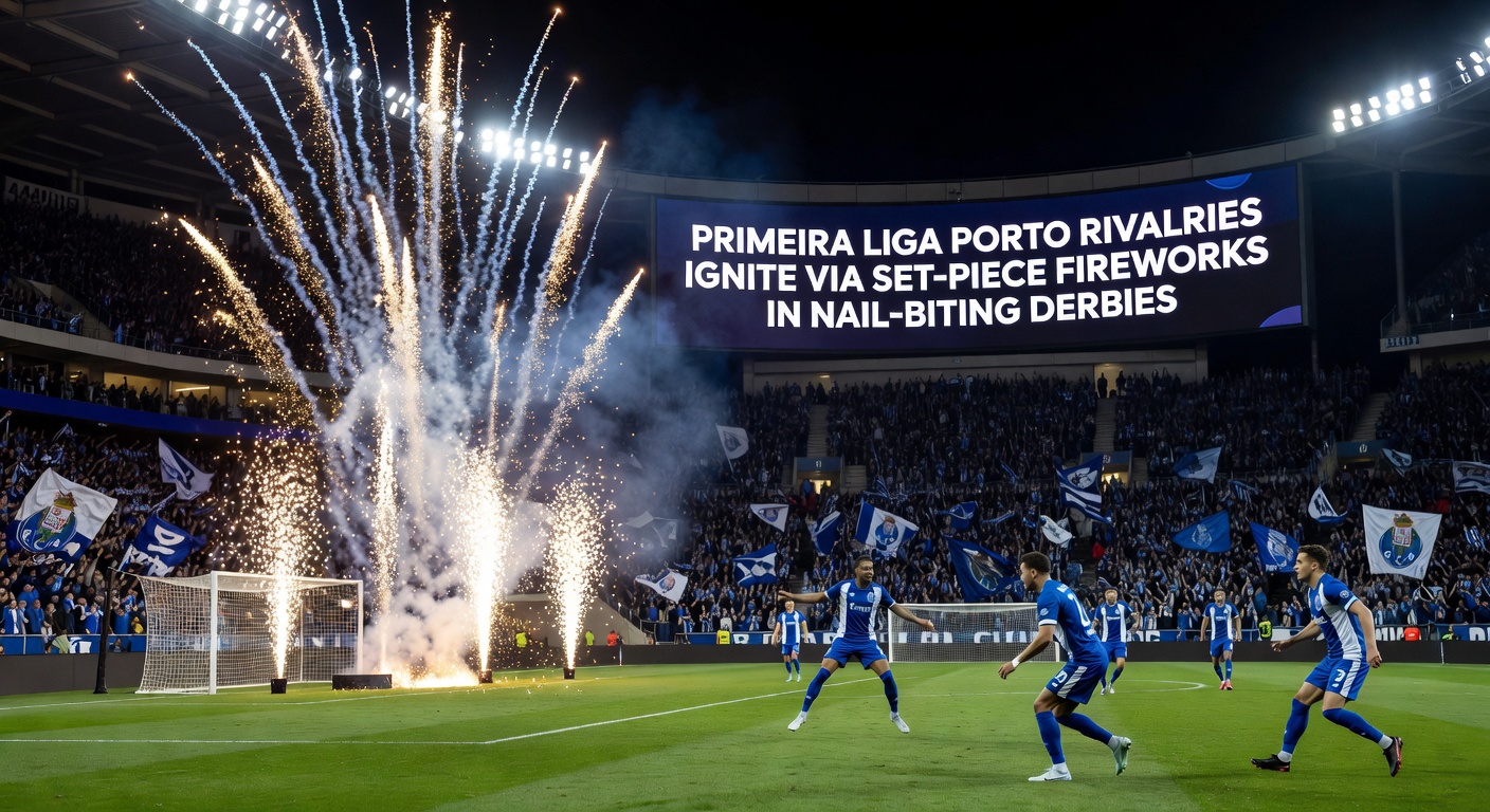 A tense moment in a Porto-Boavista derby where a set-piece corner leads to a goalmouth scramble, fans lighting flares in the stands