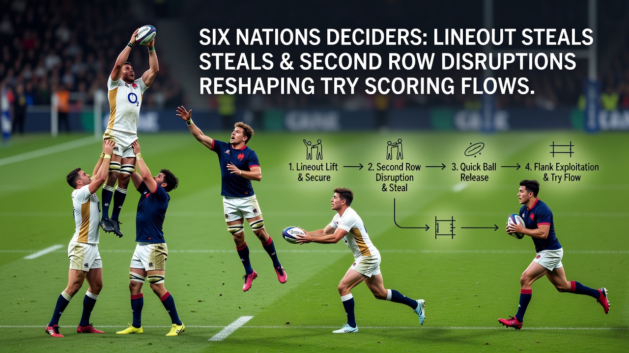 Second row forwards contesting possession in a lineout under floodlights after a weather delay