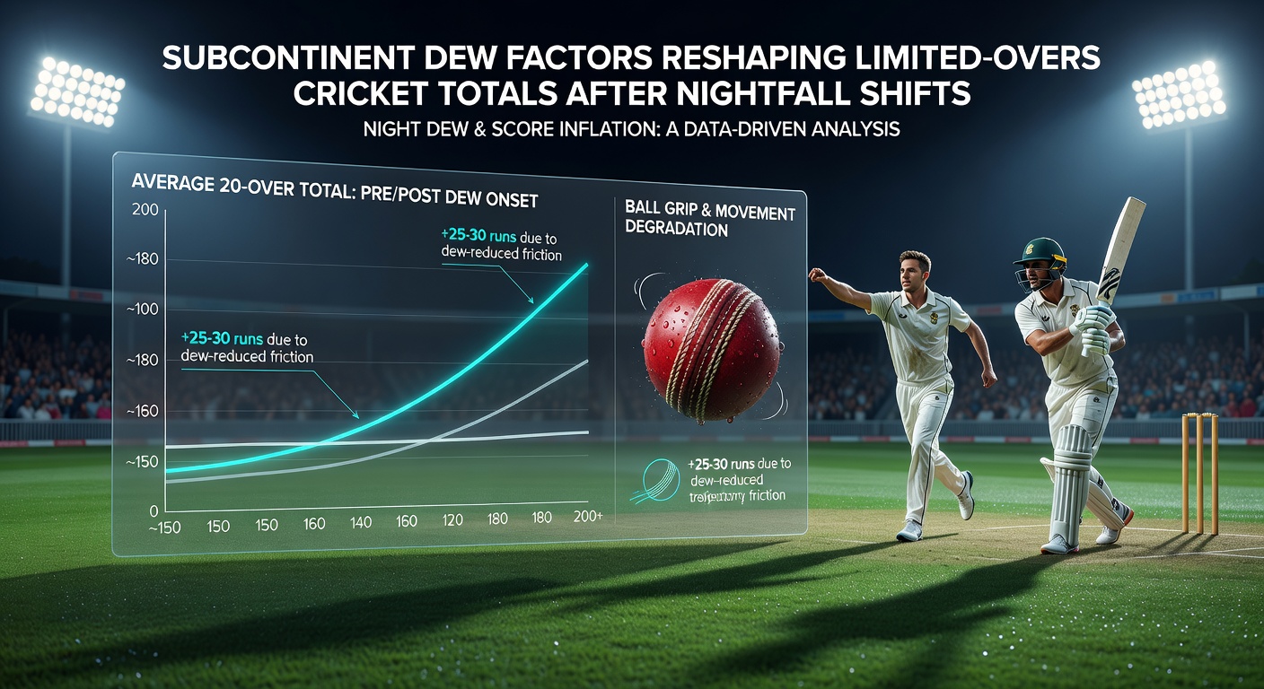 Bowler applying grip tape during night limited-overs cricket match affected by subcontinent dew