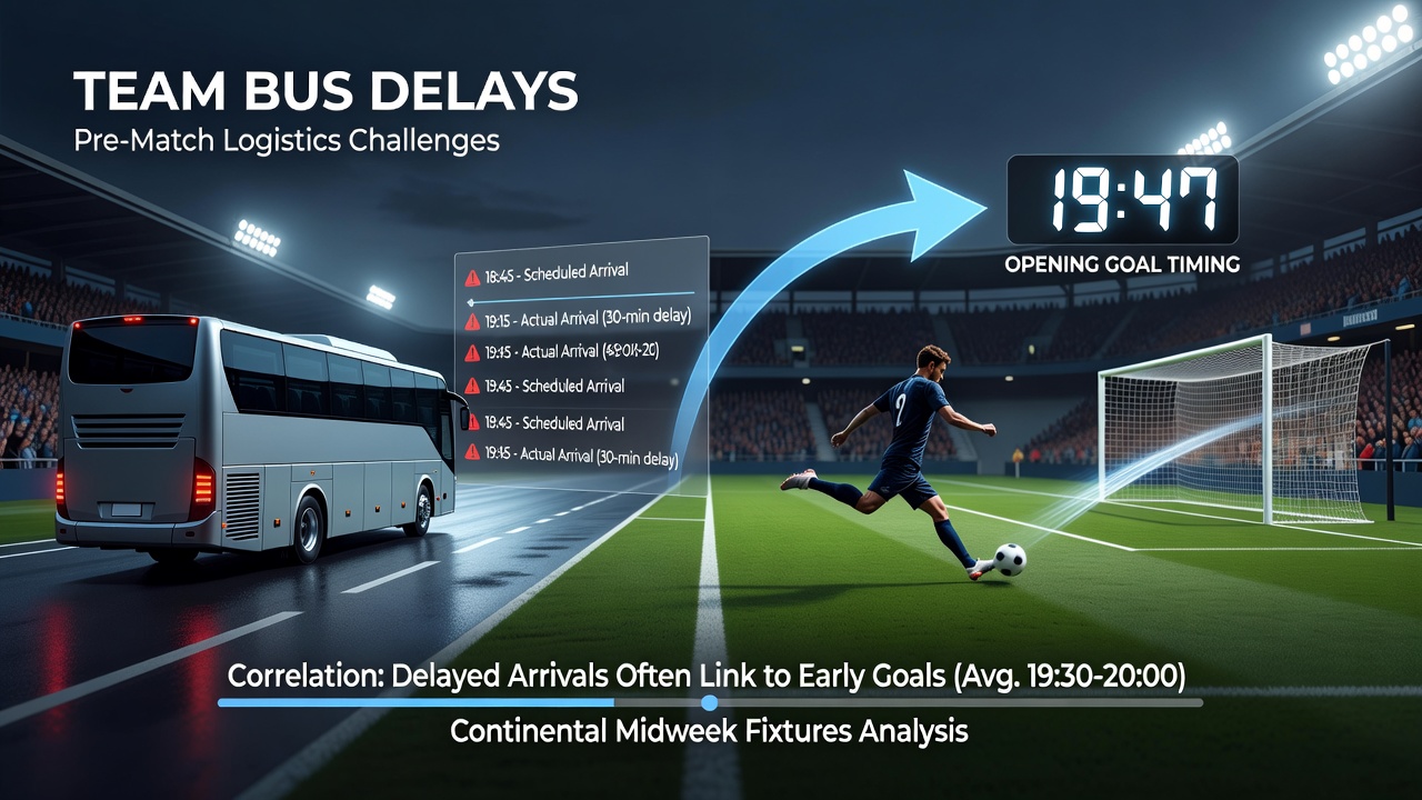 Stadium clock showing early match minutes during a delayed team arrival scenario