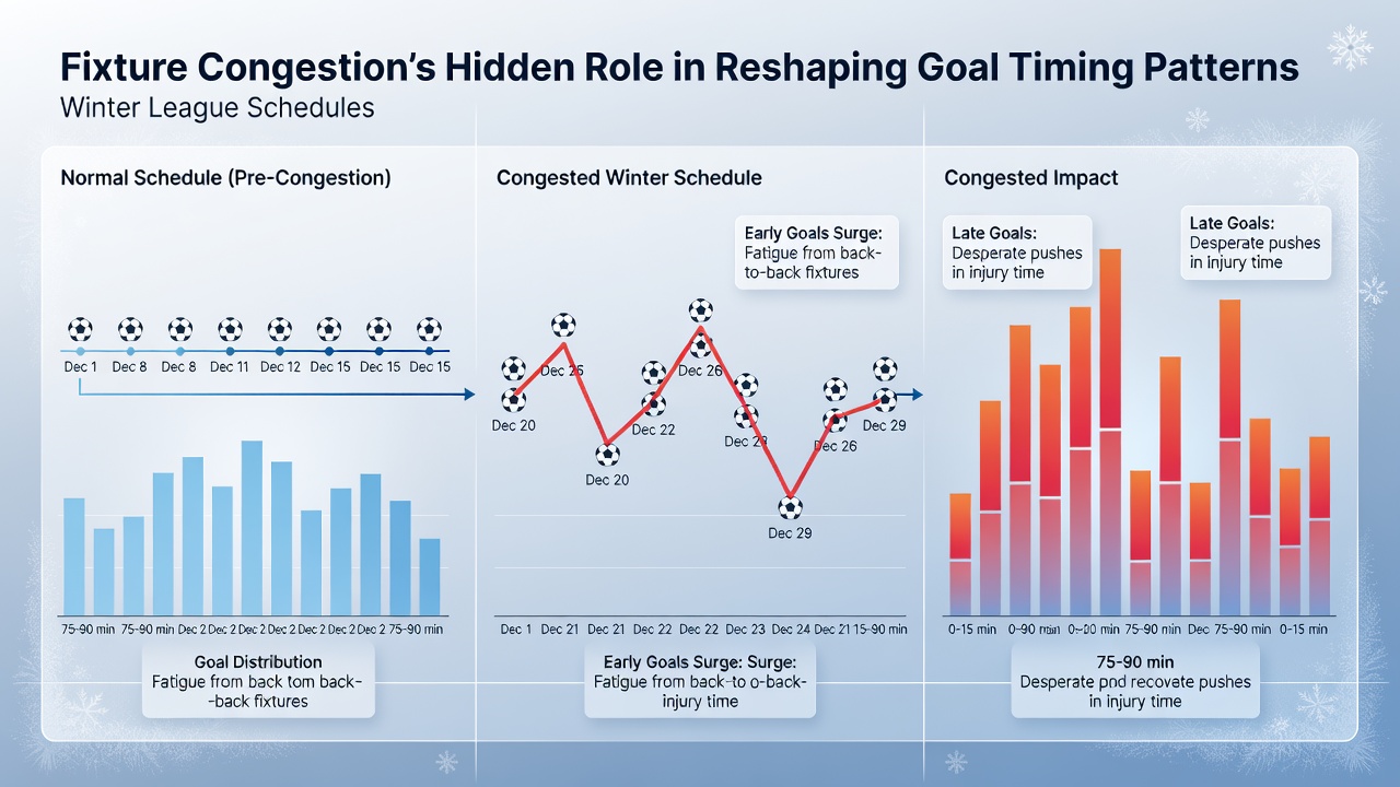 Match statistics overlay showing goal timing shifts during winter fixture congestion