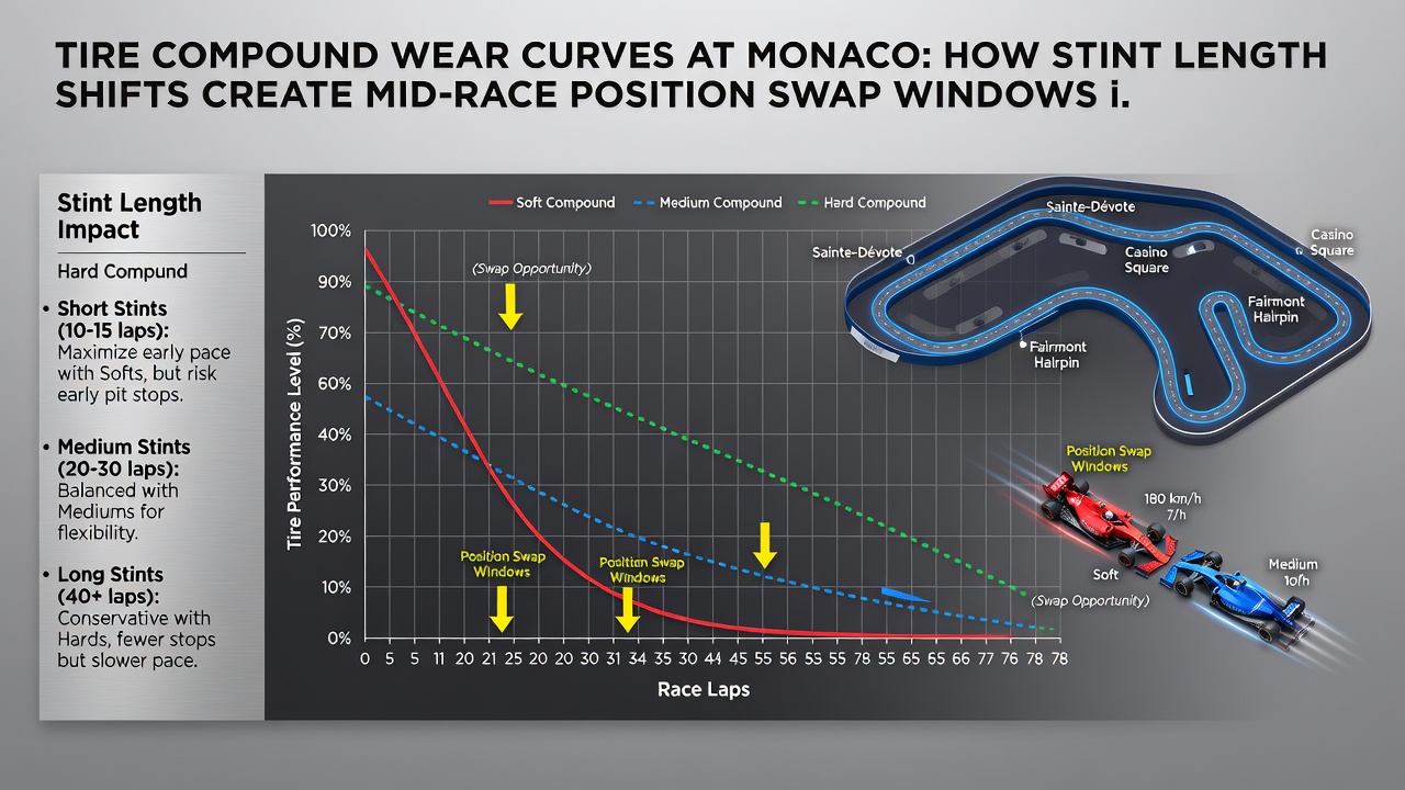 Telemetry chart illustrating mid-race stint length shifts and resulting position changes during Monaco Grand Prix