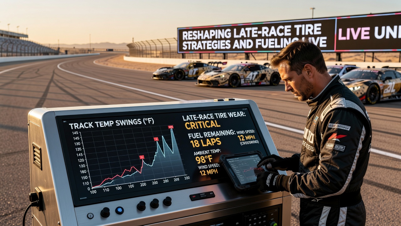 Team technicians adjusting tire pressures on an endurance race car during a night stint at a desert speedway