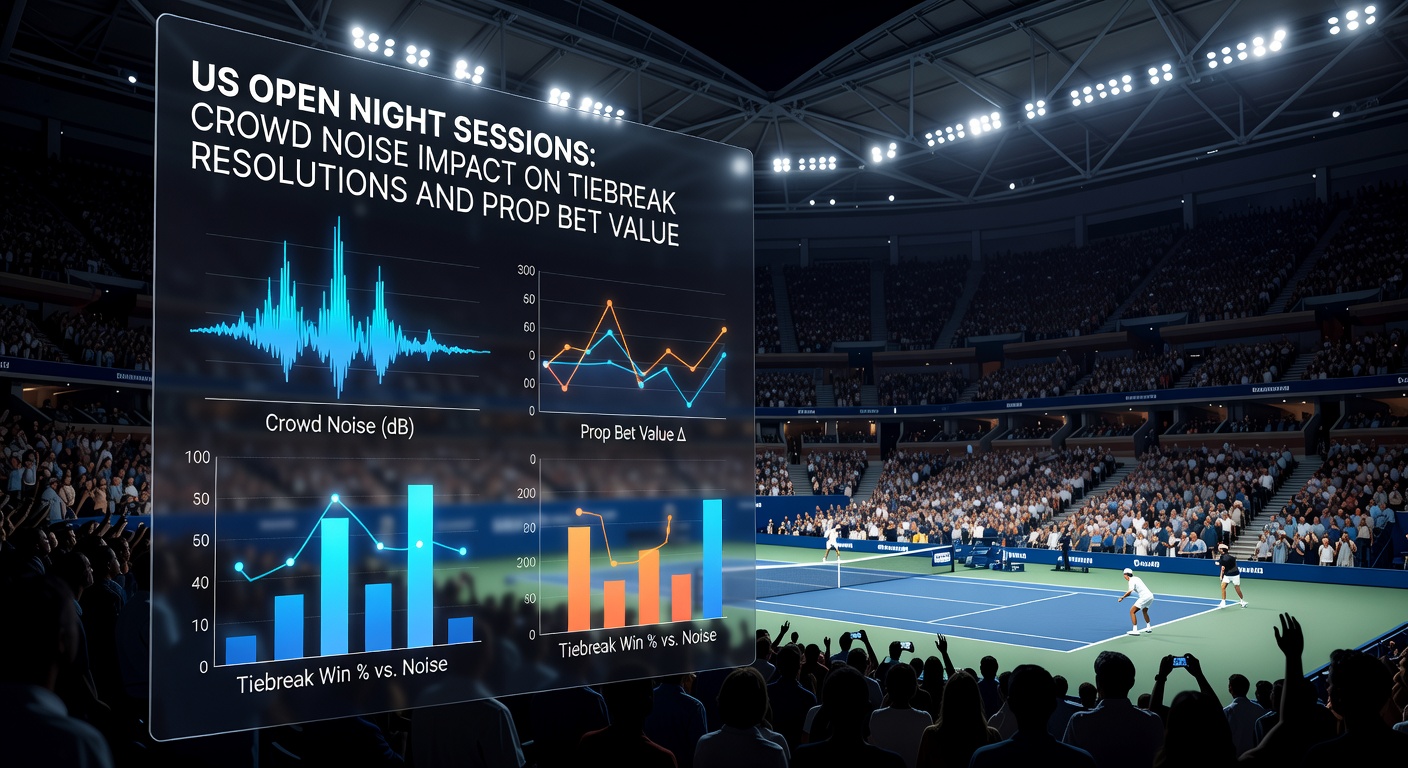 Close-up of a tense US Open tiebreak under night lights, player serving amid roaring crowd with scoreboard showing deuce