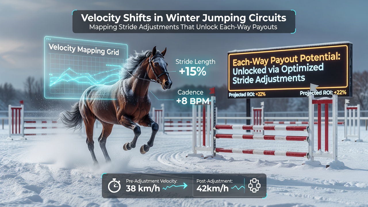 Detailed view of horse stride adjustment captured mid-race on winter jumping circuit