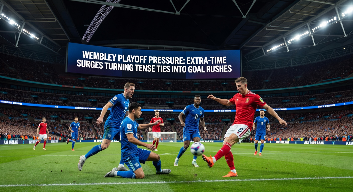 Close-up action from a Wembley playoff extra-time goal rush, players celebrating as the net bulges amid exhausted defenders