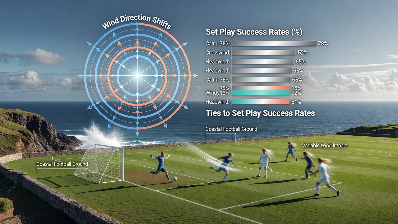 Close-up of a set piece execution with wind indicators visible on the pitch